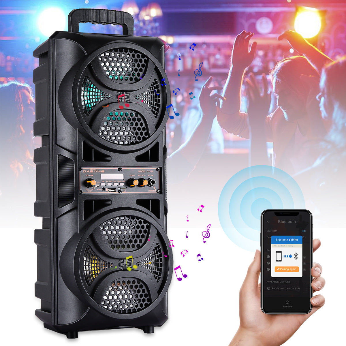 Portable Wireless PA Speaker Dual 65 High Quality Subwoofer System Support AUX USB FM Wired Microphone Audio Input Builtin Rechargeable Battery Speaker with LED Light Wired Microphone and Remote Control